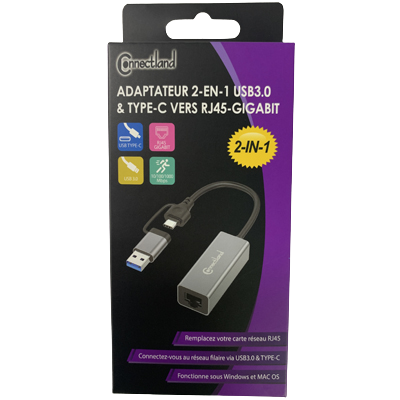 Connetland Adaptateur 2-EN-1 USB3.0 & Type-C vers RJ45-Gigabit